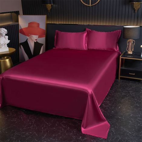 Drap Housse 120x230 cm avec 2 Taies d'Oreiller, Parure de Lit en Soie Glacée Fraîcheur Été, Housse de Matelas Unie Rouge Vin (1/2)