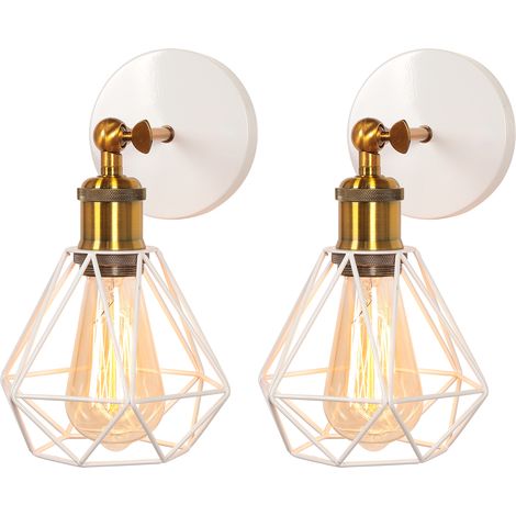 (2X) Modern Retro Wall Light Adjustable Angle Wall Light (White) Metal Cage Wall Sconce Vintage Wall Lights E27 For Indoor Lighting