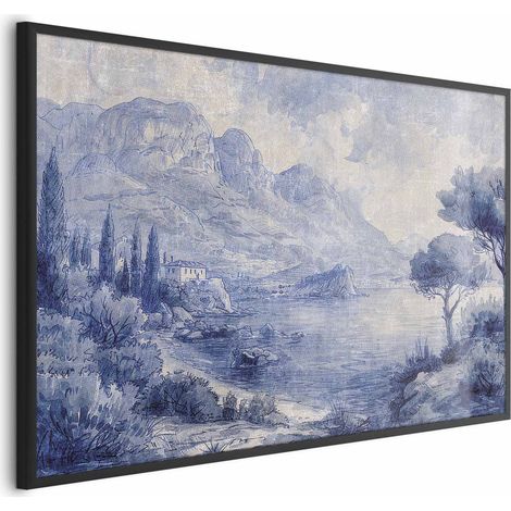 Poster - Baia Blu - Paesaggio italiano del Lago di Como dipinto con inchiostro blu (1/4)
