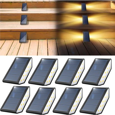 Pack de 8 luces solares para escalones de exterior, 18 LED, iluminación impermeable para escaleras, escalones y vallas. Blanco cálido. (1/5)