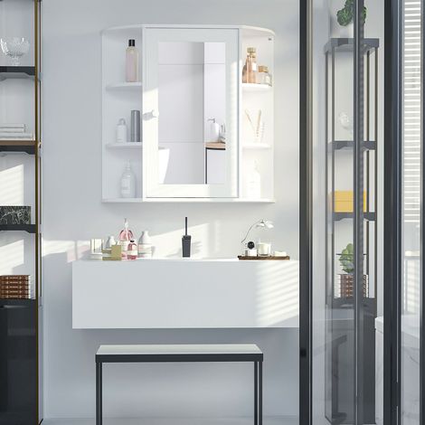 Mueble de baño con espejo de pared moderno en MDF blanco 66x17x63 cm con puerta espejo y estantes abiertos (1/5)