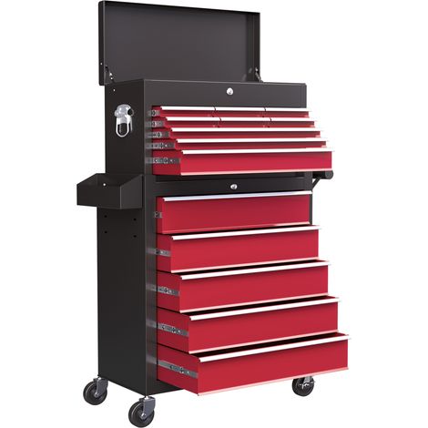 Chariot outils 2 parties verrouillable 14 tiroirs panneau perforé acier rouge