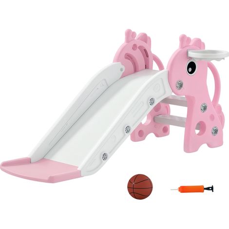 Toboggan pour enfants 3 en 1 en forme de girafe avec panier de basket, escalade et ballon, 106 x 51,5 x 52 cm, rose (1/5)