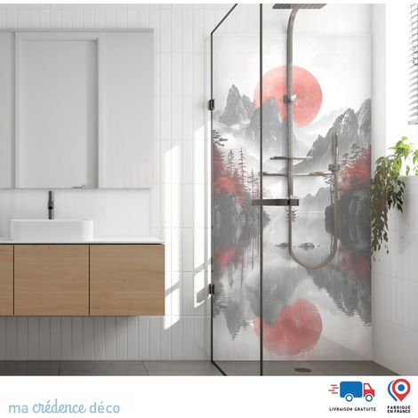 Panneau de douche : Montagne zen et soleil rouge - Alu composite - 90 - 245 (1/3)