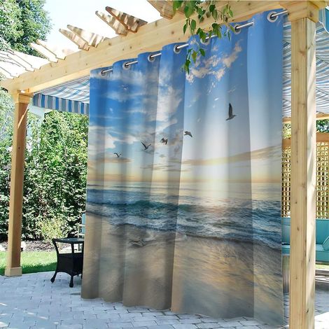 Mise à Niveau Rideaux D'extérieur, Vue Mer à Couper Le Souffle 3D Printed Rideau Occultant Isolant Thermiques pour Pergola, Rideau Exterieur Imperméable pour Cabanon Jardin,2 Panneau 132x213 (1/5)