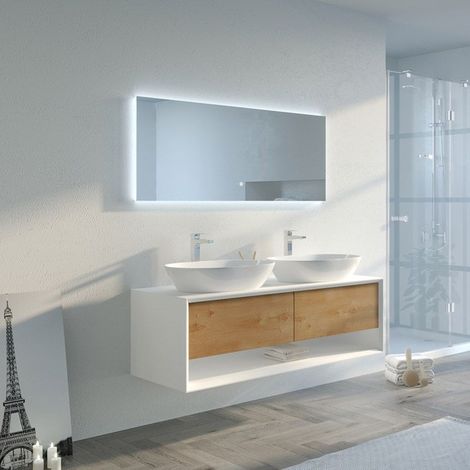Distribain – Meuble sous vasque double vasque 140 cm – MDF blanc et bois naturel – 2 tiroirs avec ouverture Push-Open – Miroir rétro-éclairé 1400x700x40mm (1/5)