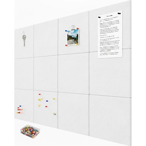 Relaxdays bacheche feltro, 12 pz. quadrati adesivi, 30x30x0,9 cm, con spilli, bianco