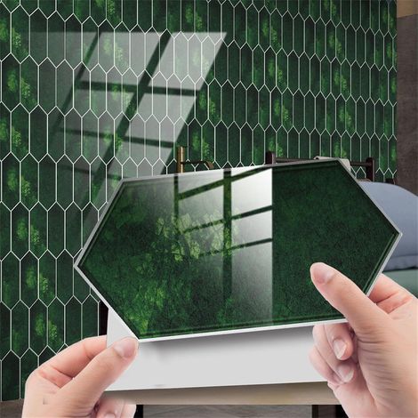 JSSEVN - Tile Stickers, Polygon Tile Stickers 10x20cm Self-Adhesive Heat Resistant Tile Stickers (Dark Green, 48pc) (1/5)
