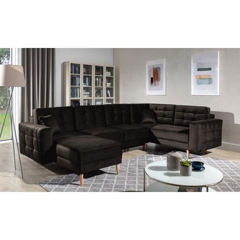 Canapé d'angle panoramique convertible U HASGARD 326 cm marron foncé velours avec coffre