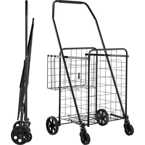 Mophorn Carrito de compras plegable con doble cesta, revestimiento resistente al agua y ruedas duraderas, capacidad de carga de 45,3 kg, volumen de 64 + 10 L, adecuado para lavandería, negro