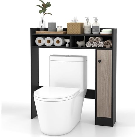 Costway – Meuble de salle de bain au-dessus des toilettes – 2 compartiments ouverts – 1 placard avec étagères réglables – Design anti-basculement – 88 x 18 x 100 cm (Noir)