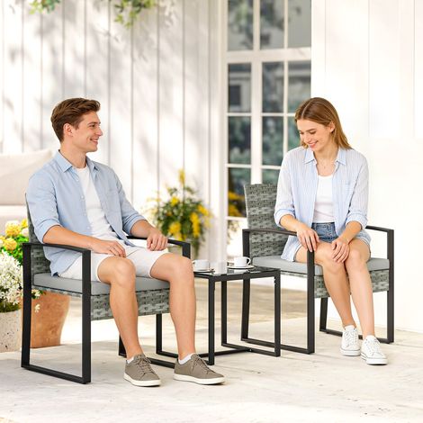 Ensemble bistro en rotin, ensemble de mobilier de jardin 3 pièces comprenant 2 chaises de jardin, une table basse et des coussins amovibles, gris clair
