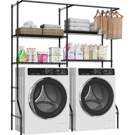 Étagère de rangement sur pied 4 niveaux - Métal antirouille noir - Tringles de séchage et crochets - Organisateur buanderie, gain de place pour lave-linge/sèche-linge - Couleur : noir (1/5)