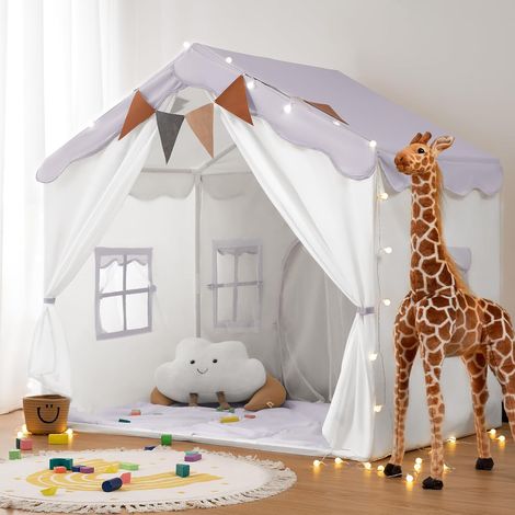 Tente Enfant 2 en1, Cabane Enfant Intérieure avec Tapis Rembourré, Lumières et Drapeaux, Tente de Jeu pour Enfants Princesse, Idéal pour la Décoration de Chambre d'enfants et Fête (Lavande) (1/5)