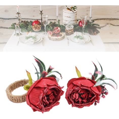 Set mit 2 kreativen Serviettenringen im Western-Stil mit Stoffschlaufen, künstlichen Blumenverzierungen, Serviettenringe mit Waldmotiv für Hotels, bordeauxrot (1/5)