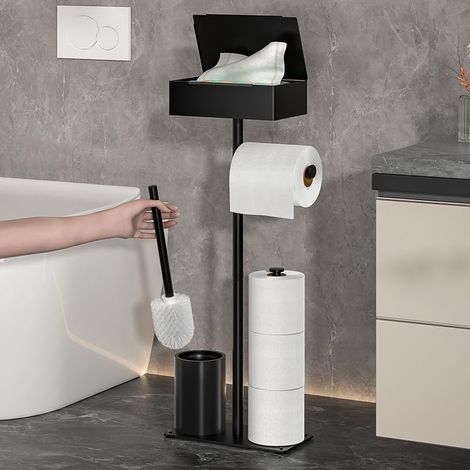 Porte-brosse toilette 3 en 1 au sol avec rangement et porte-papier, black stand (1/5)