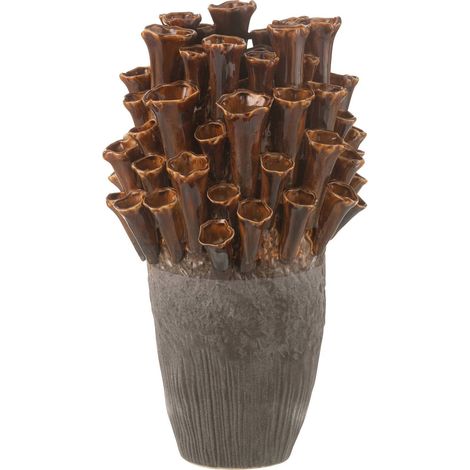 Vase anémone en porcelaine marron gris design élégant - Marron effet anémone sur base grise (1/2)