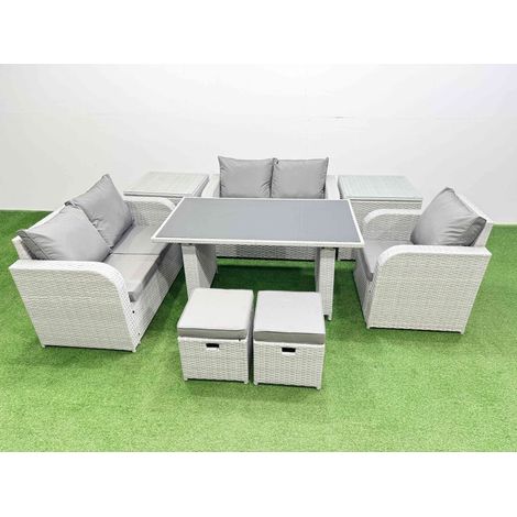 Fimous Rattan Sofa Outdoor Furniture with Dining Table,2 Side Tables,Love Sofa,2 Small Stools Patio Furniture Light Grey 7 Seater (1/4)