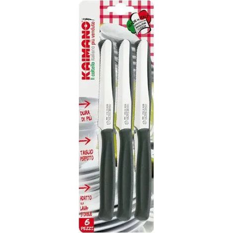 Coltelli da tavola kaimano 6pz lama liscia+dentata punta tonda plastica marrone colore: nero