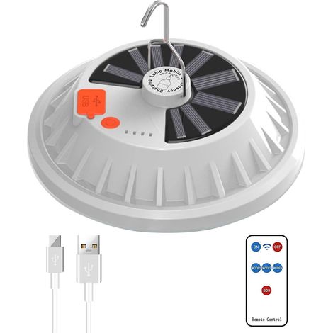 Lanterne solaire de camping LED portable, étanche, rechargeable par USB, avec télécommande et batterie externe. (1/5)