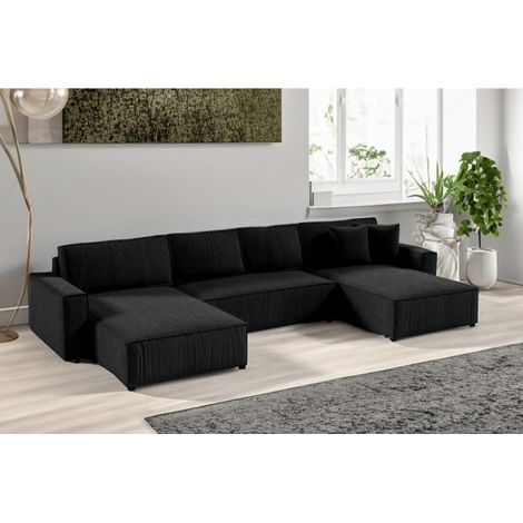 Tendencio – Canapé d'angle panoramique convertible en velours côtelé noir – Dimensions 398x185cm – Couchage 344x144cm – Coffre de rangement intégré