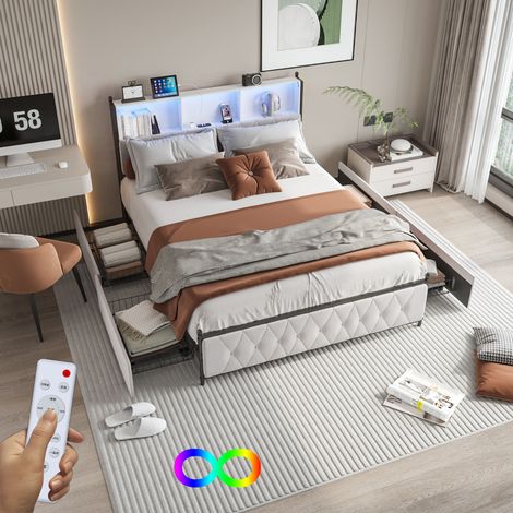Lit adulte 160x200 cm, LED, Port USB Type-C, 4 tiroir, cadre de lit 160x200 cm, Velours beige (1/5)