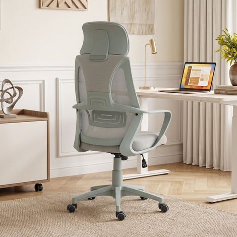 Sedia da ufficio ergonomica regolabile in altezza con poggiatesta, supporto lombare e funzione basculante, rivestimento grigio (1/5)