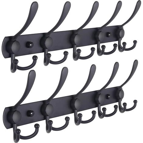 Garderobenständer zur Wandmontage – strapazierfähig, Edelstahl, Metall-Kleiderhakenschiene für Mantel, Hut, Handtuch, Geldbörse, Roben, Mudroom, Badezimmer, Eingangsbereich (schwarz, 2 Packungen)