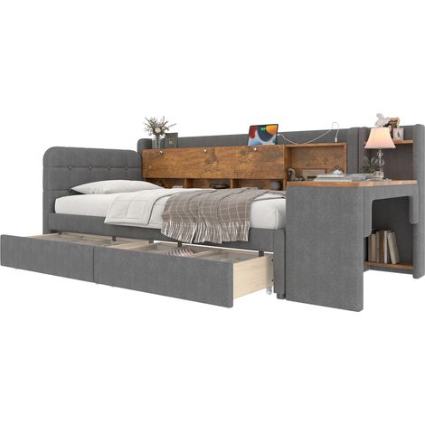 Lit de jour 90x200, banquette, 2 tiroirs, bureau, USB Type-C, coffre flip top, étagère, sommier, matelas non inclus, lin gris, gain de place (1/5)