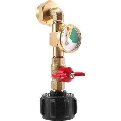 Adaptateur de remplissage de propane avec valve et manomètre, permet de remplir des bouteilles de 450 g à partir d'une bonbonne de 9 kg, conception coudée à 90°, facile à utiliser (1/5)