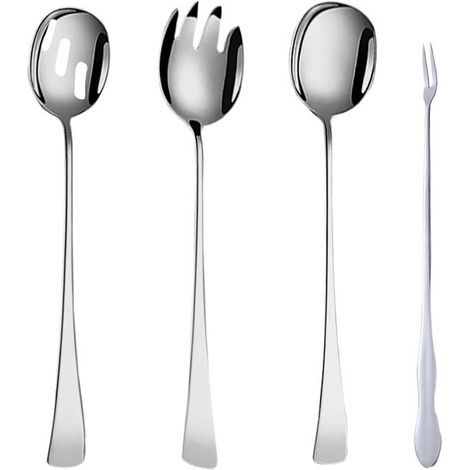 Salad cutlery, 410 stainless steel, 28 x 5.5 cm, salad spoon, salad fork, large salad cutlery set, for home, hotel, restaurant, 4-piece set (silver) (1/2)