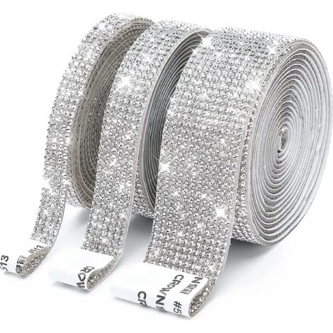 3 rouleaux de ruban adhésif strass en cristal, 3 mètres de strass scintillants, autocollants décoratifs DIY avec strass de 2 mm pour la décoration de voiture, les créations de mariage (argenté) (1/5)
