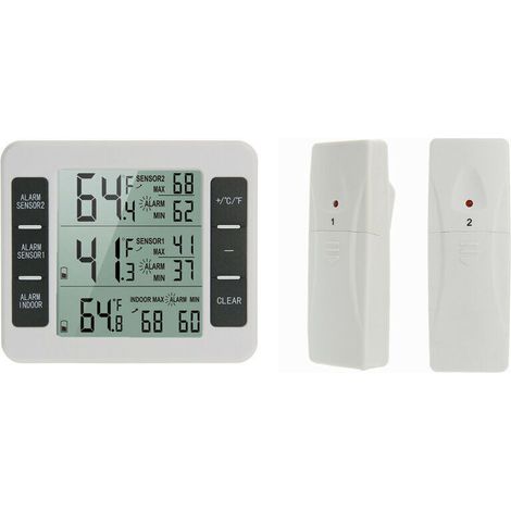 Crezuo - Termometro per frigorifero/congelatore, confezione da 1, termometro wireless con 2 sensori, allarme acustico, indicazione min/max, termometro per interni/esterni per casa, cucina, ristorante,