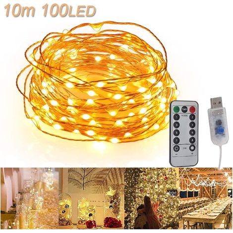 Guirnalda de luces LED USB de 10 m con 100 LED, control remoto, cable de cobre, resistente al agua IP65, luces ambientales para habitaciones, decoración navideña, bodas, dormitorios y fiestas - Blanco (1/5)