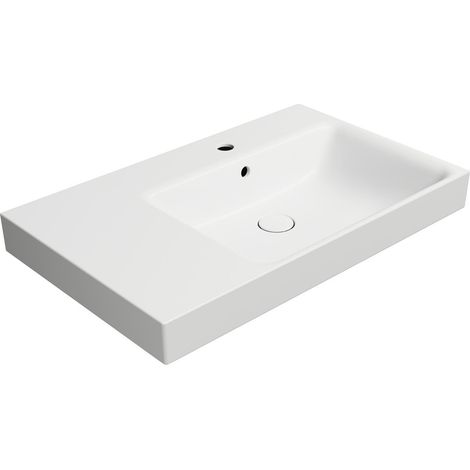 Lavabo en céramique NUBES 80x50cm, étagère à gauche, blanc mat (1/3)
