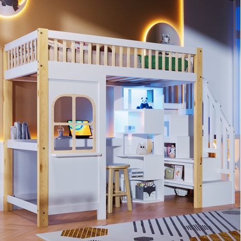 Cama alta de pino y MDF blanco y natural 90x200 cm con escritorio, escalera con almacenaje y LED (1/5)