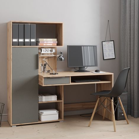 Bureau KLEPP - Spacieux - Tiroir - Chêne Wotan - Gris - Largeur 150 cm, Hauteur 149 cm, Profondeur 92 cm (1/3)