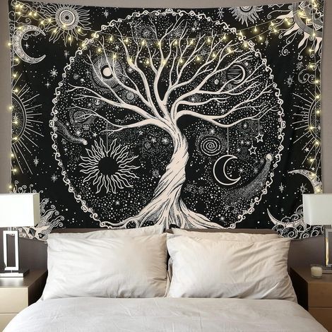 Tapiz Árbol de la Vida Luna y Sol Negro Tapiz de Pared Mandala Estrellado Psicodélico Tapiz Decoración de Pared Hippie Arte para Dormitorio Residencia Fiesta (130x150cm) (1/5)