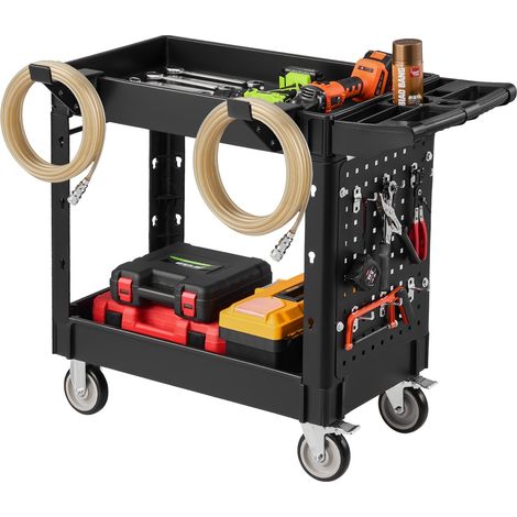 Chariot d'Atelier 250 kg Chariot de Service en PP Panneau Perforé, 2 Niveaux, 2 Roues Fixes et 2 Roulettes Pivotantes avec Frein, Plateaux de Rangement, Crochets, pour Entrepôt et Garage, Noir (1/5)