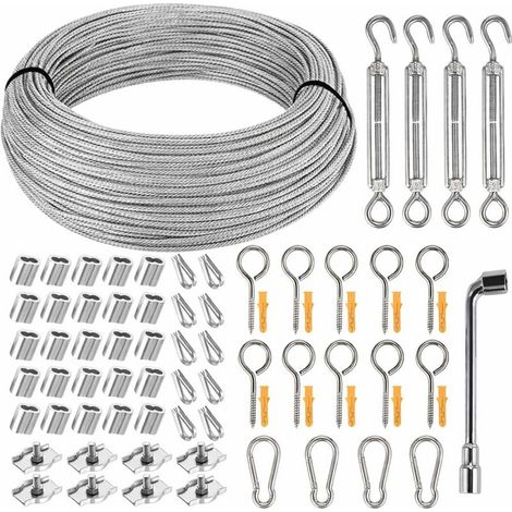 Kit Câble Acier 3mm 36m – Corde à Linge Extérieur Résistante, Fixation Voile d’Ombrage & Plantes Grimpantes – Fil de Fer Inox 304 Gainé PVC Anti-Rouille avec Tendeurs