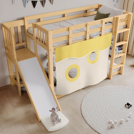 Etagenbett mit Rutsche und Treppe, Kinderbett 90x200cm aus Holz mit Fallschutz, Gitter und Bettvorhang, Kiefer Massiv Natur, Platzsparend (1/5)