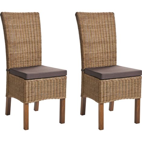 Conjunto de 2 sillas de comedor de ratán trenzado con cojines estilo boho respaldo alto comedor sala de estar marrón Andes