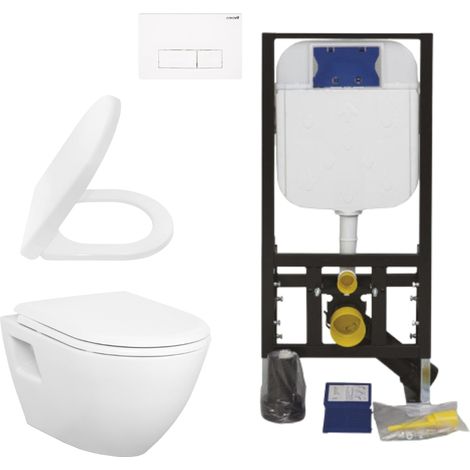 Creavit Hänge WC Set Weiß Keramik Wand WC mit Softclose Sitz und Unterputz Vorwandelement Spülkasten 3/6 L Komplettset