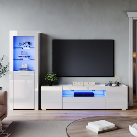 ELEGANT 1800mm High Gloss LED TV Unit Stand Cabinet Sideboard Display Cabinet with 5mm Tempered Glass Living Room Home Furniture White Set 2