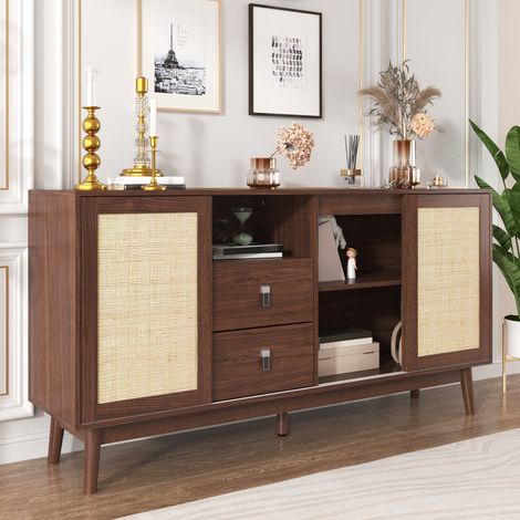 Vintage Sideboard mit 3 Schiebetüren aus echtem Rattan + 2 Schubladen, atmungsaktive Kommode, stabil und vielseitig einsetzbar, 155x38x80 cm