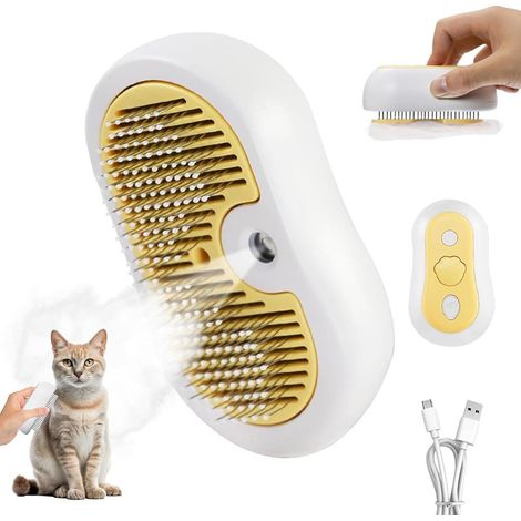 Brosse vapeur 3 en 1 et peigne de massage USB pour chiens et chats avec réservoir d'eau et bouton de vidange, pour l'épilation des poils longs et courts. Convient aux animaux à poils longs et courts.-