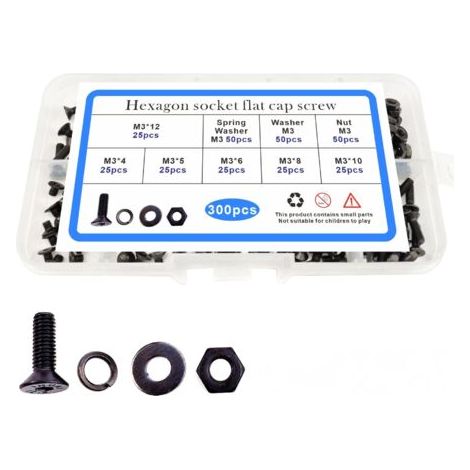 300pcs tête fraisée noire m3 boulon écrou, plat pad Spring box set, tête plate vis hexagonale intérieure (1/5)