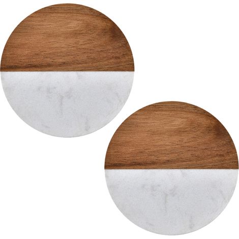 Sous-verre - Céramique Imitation Marbre et Bois d'Acacia - Pour Tasses à Thé et Café - Diamètre 100 mm - Épaisseur 8 mm - Lot de 2 (1/5)