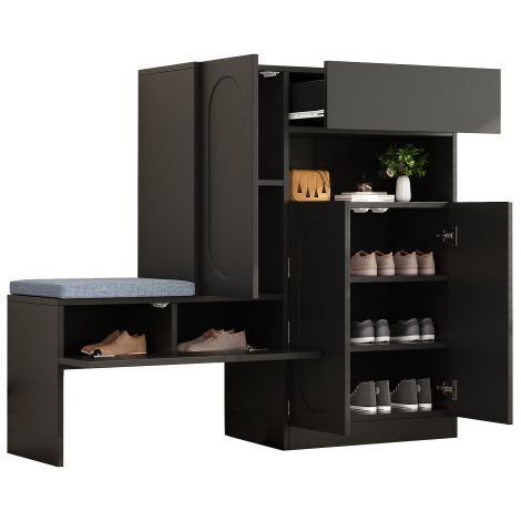 Schuhschrank-Set mit Sitzbank, 3 Türen und 1 Schublade – 130 x 35 x 110 cm – Spanplatte – Schwarz