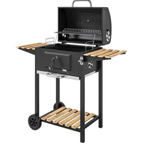 Grill charbon de bois mobile en acier inoxydable avec thermomètre et planche en bois 112x58x107 cm (1/5)